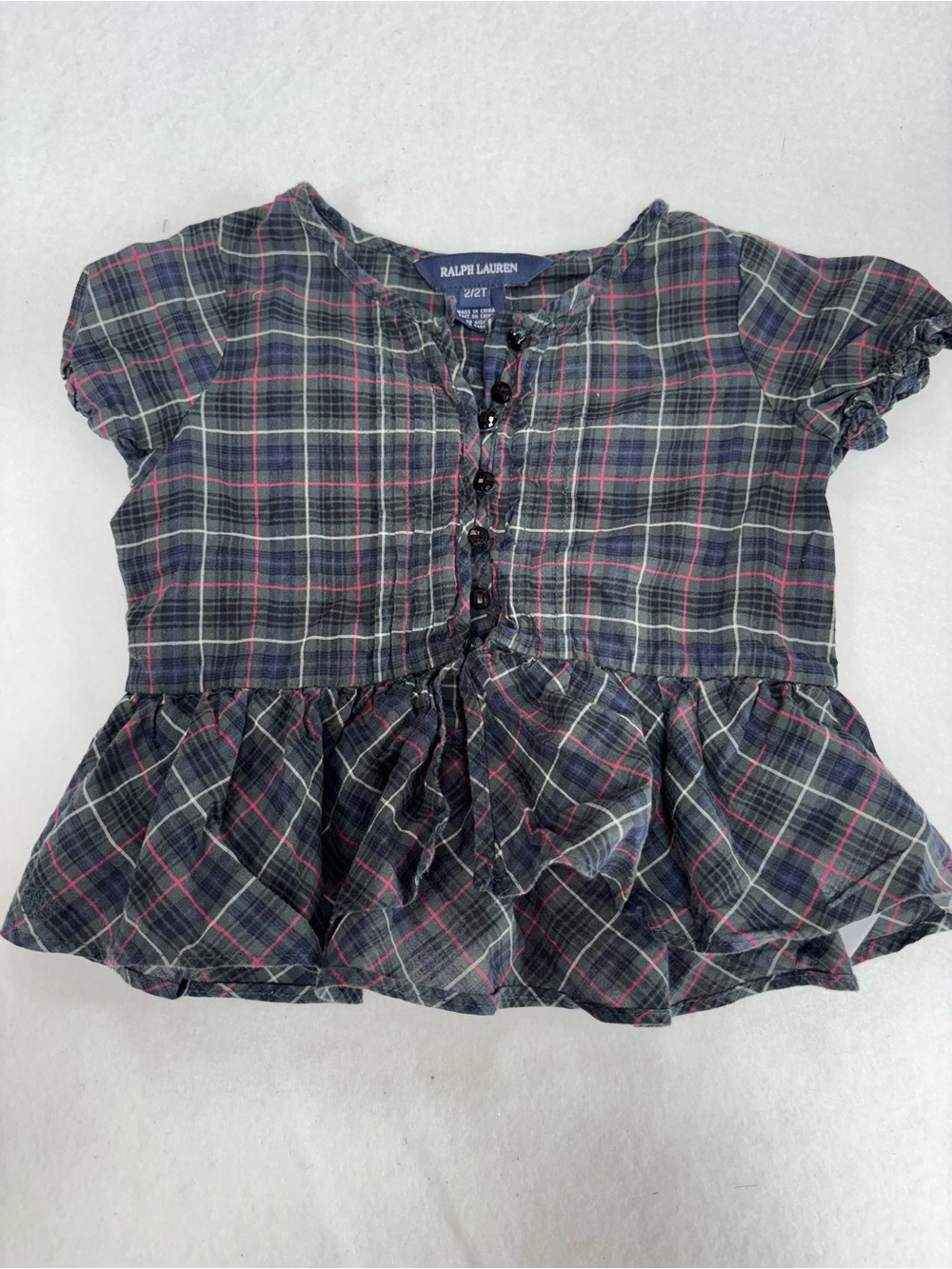 Ralph Lauren Navy Plaid Peplum Button-Up Top with Pink‎ Accents